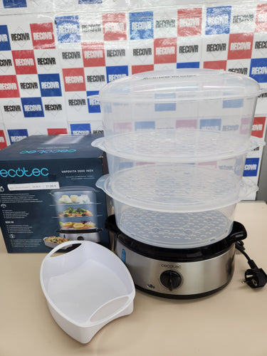 Vaporera 800 W, 60 minutos temporizador, eléctrica Vapovita 3000 Inox, 3 recipientes Independientes, Cuenco para Preparar arroz, Soportes para cocer Huevos, 2 entradas Laterales de Agua, Gris, Cecotec